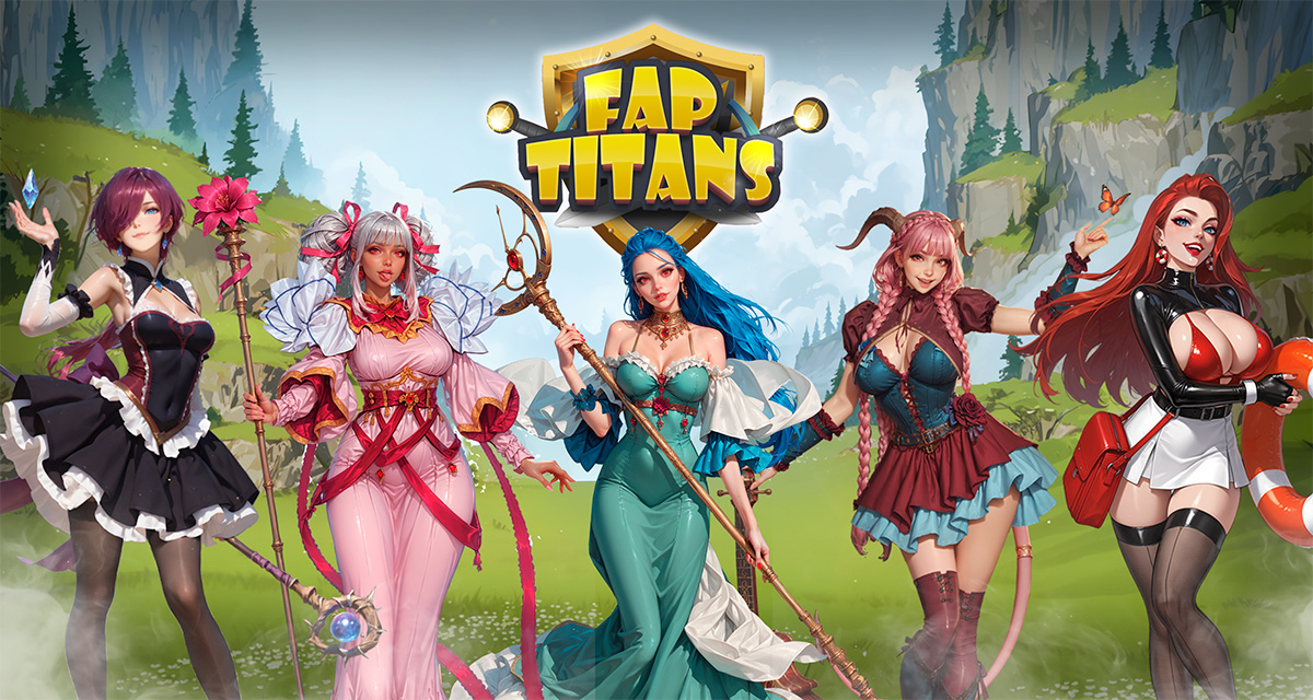 Grafika promocyjna FapTitans z fantasy bohaterką stojącą naprzeciw hordy potworów